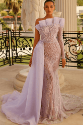 Fashion Long Sleeves Evening Dress Mermaid Lilac With Pearls Beads